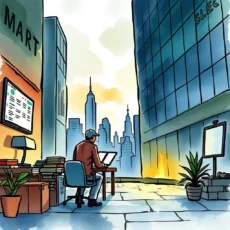 A market analyst reviewing data with a city skyline backdrop.