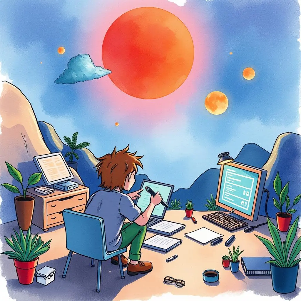 Functionality validator: Validate code functionality and output correctness 1 Person debugging code in a serene, imaginative workspace with vibrant plants.