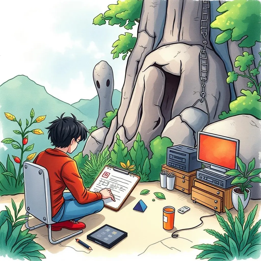 Issue fix wizard: Guide users through implementing code fixes 1 A young developer sitting on the ground, working on code fixes outdoors, surrounded by technology and nature.