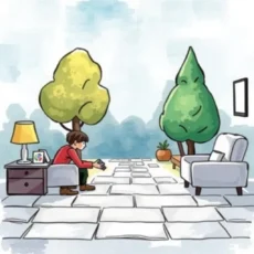 A person seated in a cozy room surrounded by greenery, engaged with a mobile device.