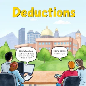 Four professionals collaborate on deductions management against a city backdrop.