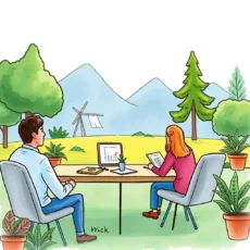 A professional setting where a man and woman collaborate on a Deduction Summary Generator web tool.