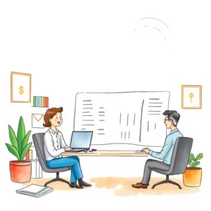 Two professionals discussing payroll deductions with a laptop and documents.