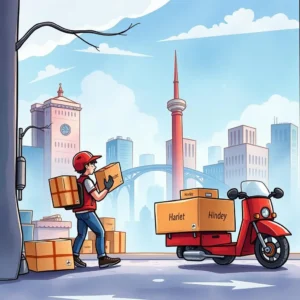 Delivery person carrying packages in a city, near a scooter and urban backdrop with buildings.