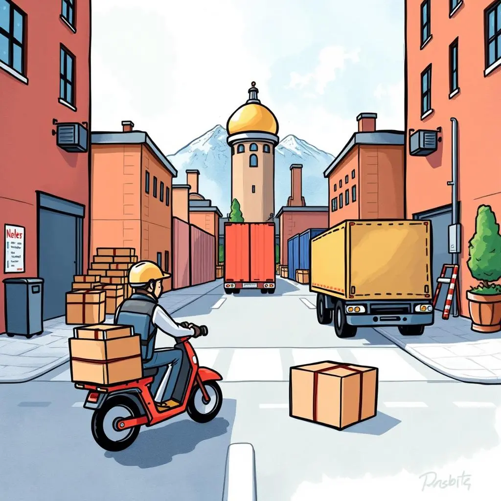 Logistics feedback synthesizer: Combine delivery feedback into summaries 1 Delivery rider navigating a street with trucks and boxes in a city.