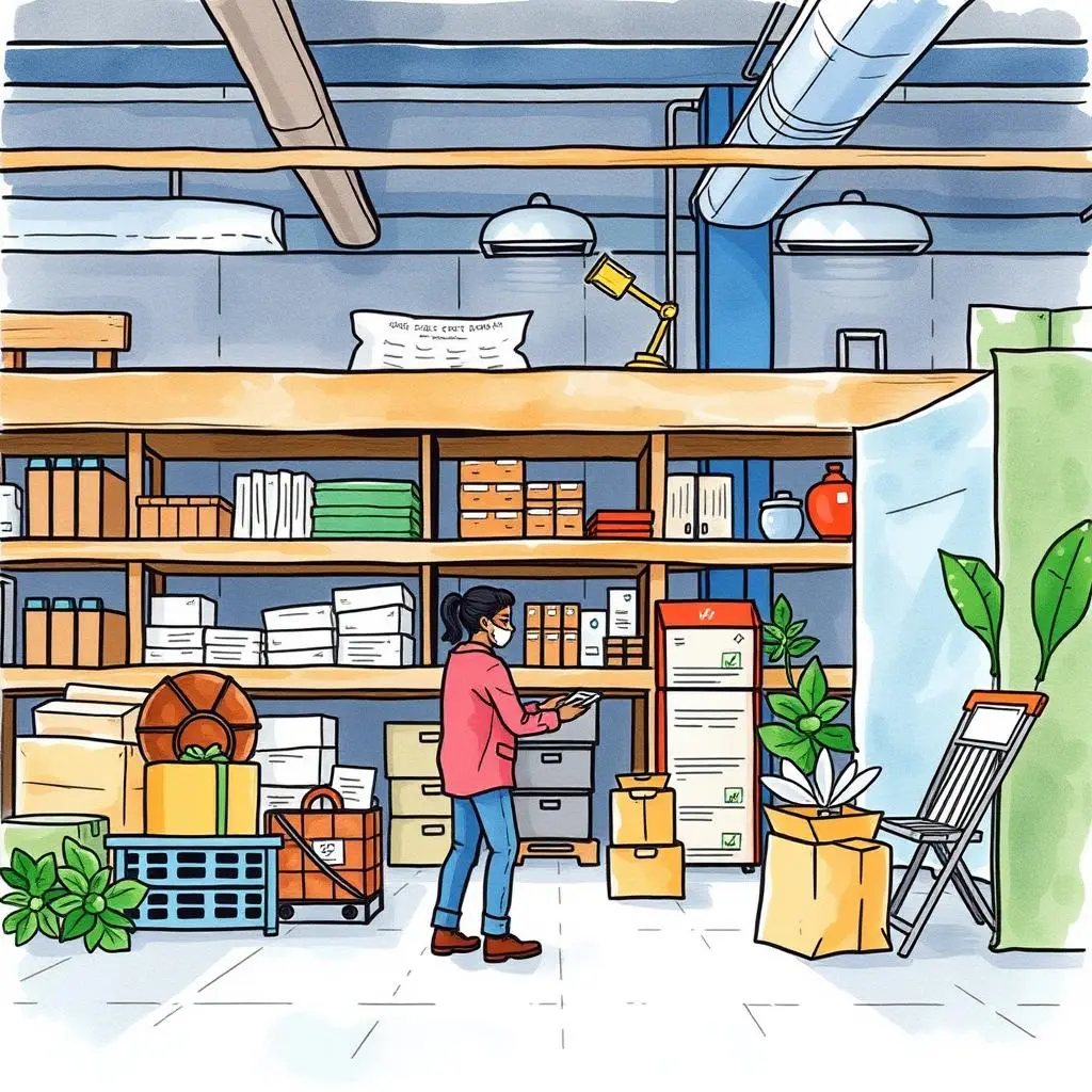 Demand insights generator: Generate insights from market research data 1 A woman with a tablet analyzes inventory in a modern warehouse filled with boxes and plants.