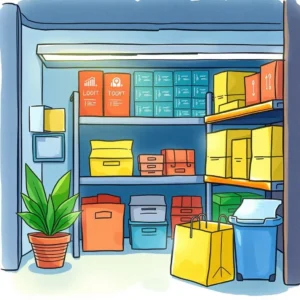 Colorful storage area with organized shelves showcasing various boxes and a plant in a pot.