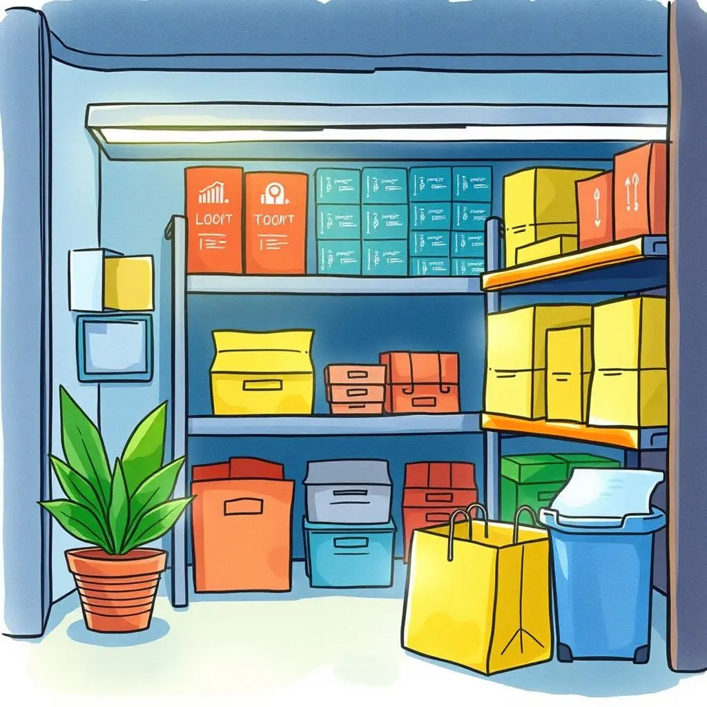Demand shift notifier: Notify users about changes in demand patterns 1 Colorful storage area with organized shelves showcasing various boxes and a plant in a pot.