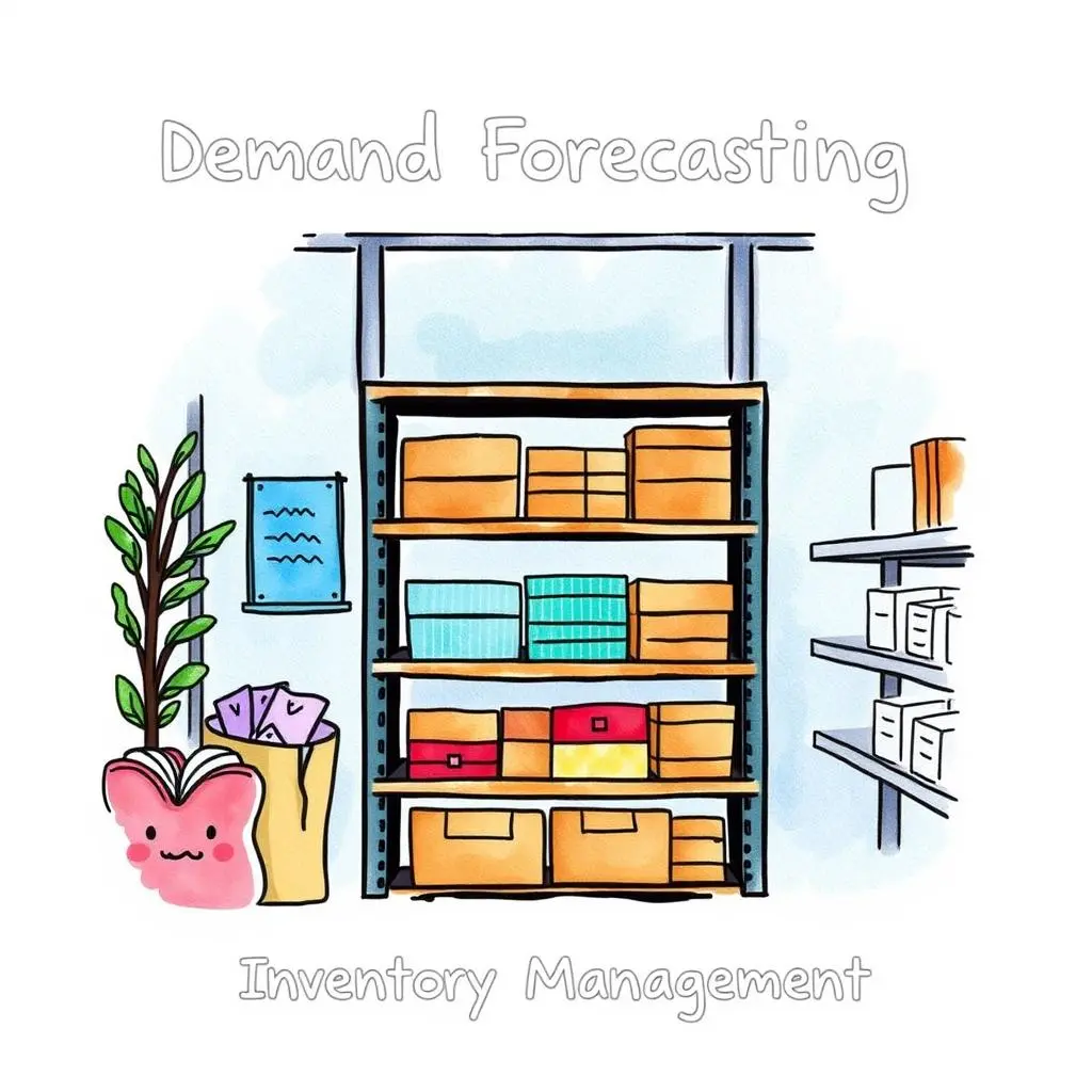 Forecast text analyzer: Process text for demand forecasting insights 1 Demand forecasting tools displayed in a colorful inventory setting with shelves and boxes.