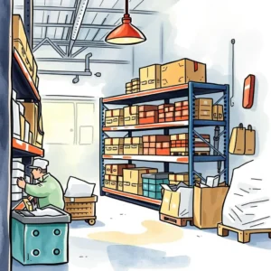 Inventory demand logger: Record and summarize inventory demand data 7 Inventoried goods in a warehouse with a worker managing stock levels and data logging.