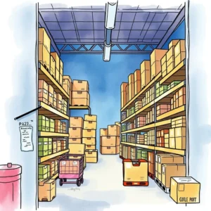 Inventory demand recognizer: Recognize inventory demand fluctuations 9 Colorful warehouse shelves filled with boxes, illustrating inventory management.