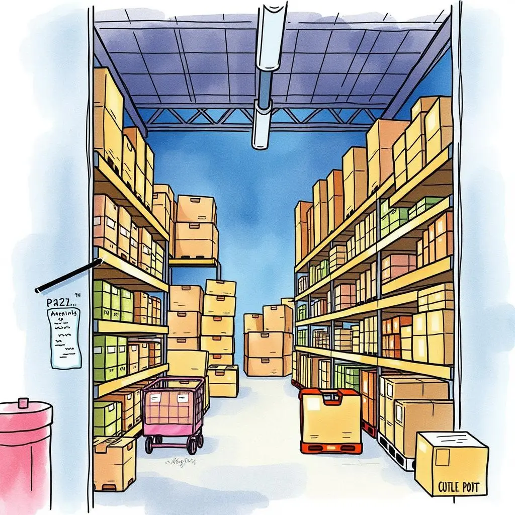 Inventory demand recognizer: Recognize inventory demand fluctuations 1 Colorful warehouse shelves filled with boxes, illustrating inventory management.