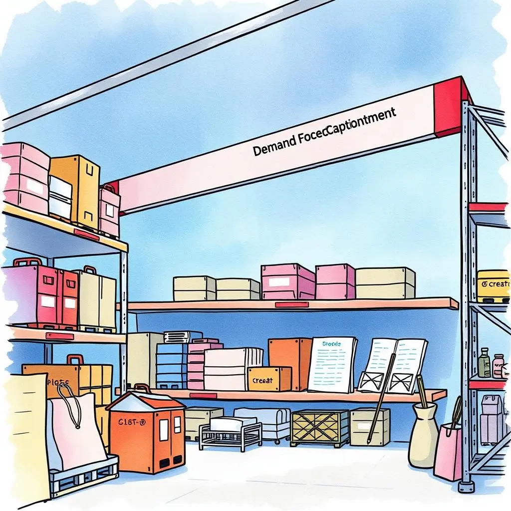 Inventory insight scribe: Generate detailed summaries from inventory text 1 Colorful inventory shelves filled with assorted boxes and supplies for demand forecasting.
