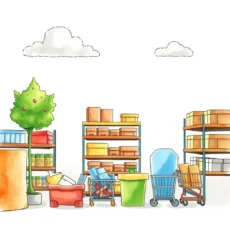 Supply chain storage area with shelves, carts, and a tree, depicting inventory management tools