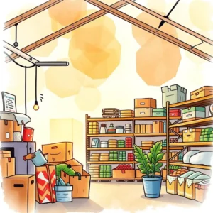 Trend evaluation app: Assess market trends for informed decision-making 2 Cartoon illustration of a well-organized supply chain warehouse with boxes and shelves filled with various products