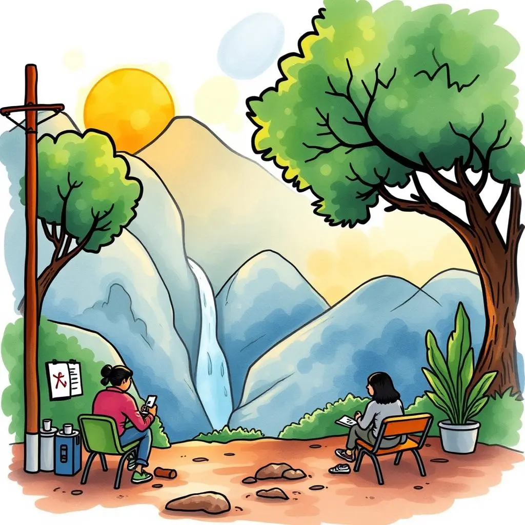 Feedback loop creator: Create structured feedback for stakeholder engagement 1 Secluded outdoor scene with two individuals engaging in feedback activities near a waterfall and mountains.