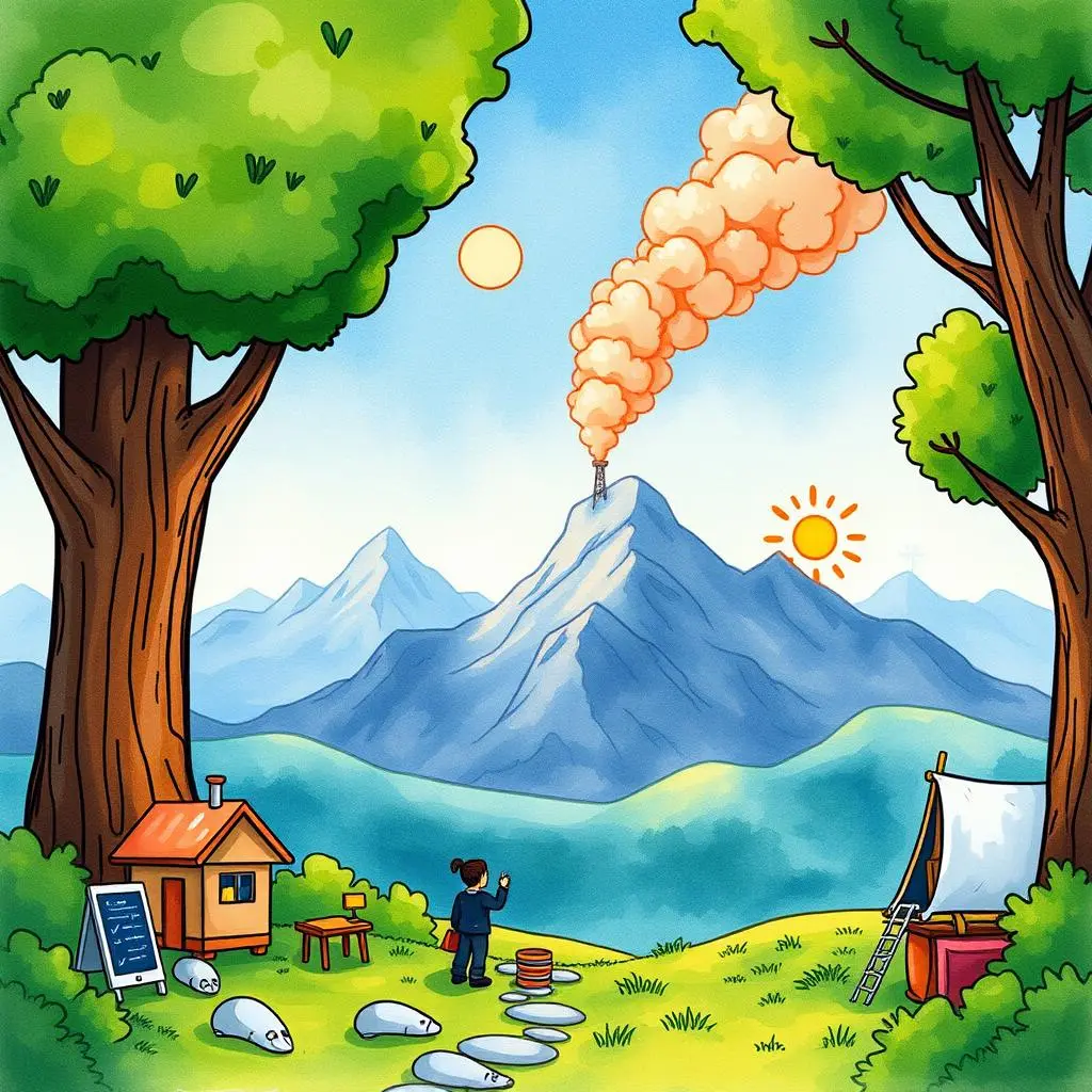 Stakeholder communication simplifier: Simplify complex stakeholder communications for clarity 1 A person standing outdoors, observing a mountain with smoke and sunny skies in a scenic landscape.