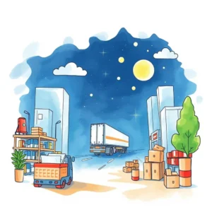 Illustration of a supply chain scene with logistics vehicles and buildings.