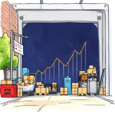 cart with boxes and a rising graph in a warehouse setting