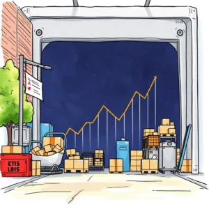 cart with boxes and a rising graph in a warehouse setting