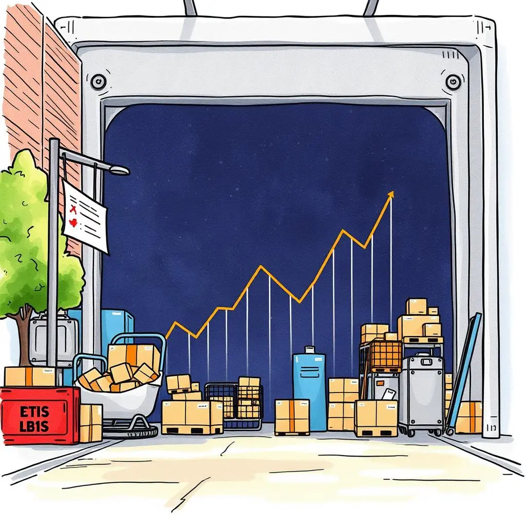 Demand trend analyzer: Examine historical demand trends succinctly 1 cart with boxes and a rising graph in a warehouse setting