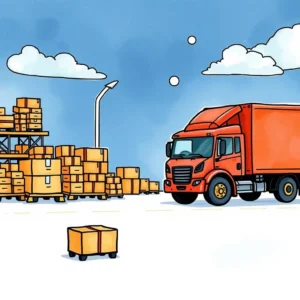 A colorful scene of a delivery truck near stacked boxes, representing logistics and supply chain operations.