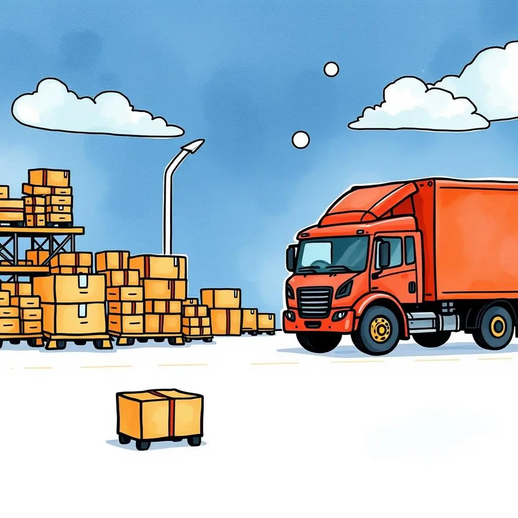 Forecast report creator: Create precise reports summarizing forecasts 1 A colorful scene of a delivery truck near stacked boxes, representing logistics and supply chain operations.