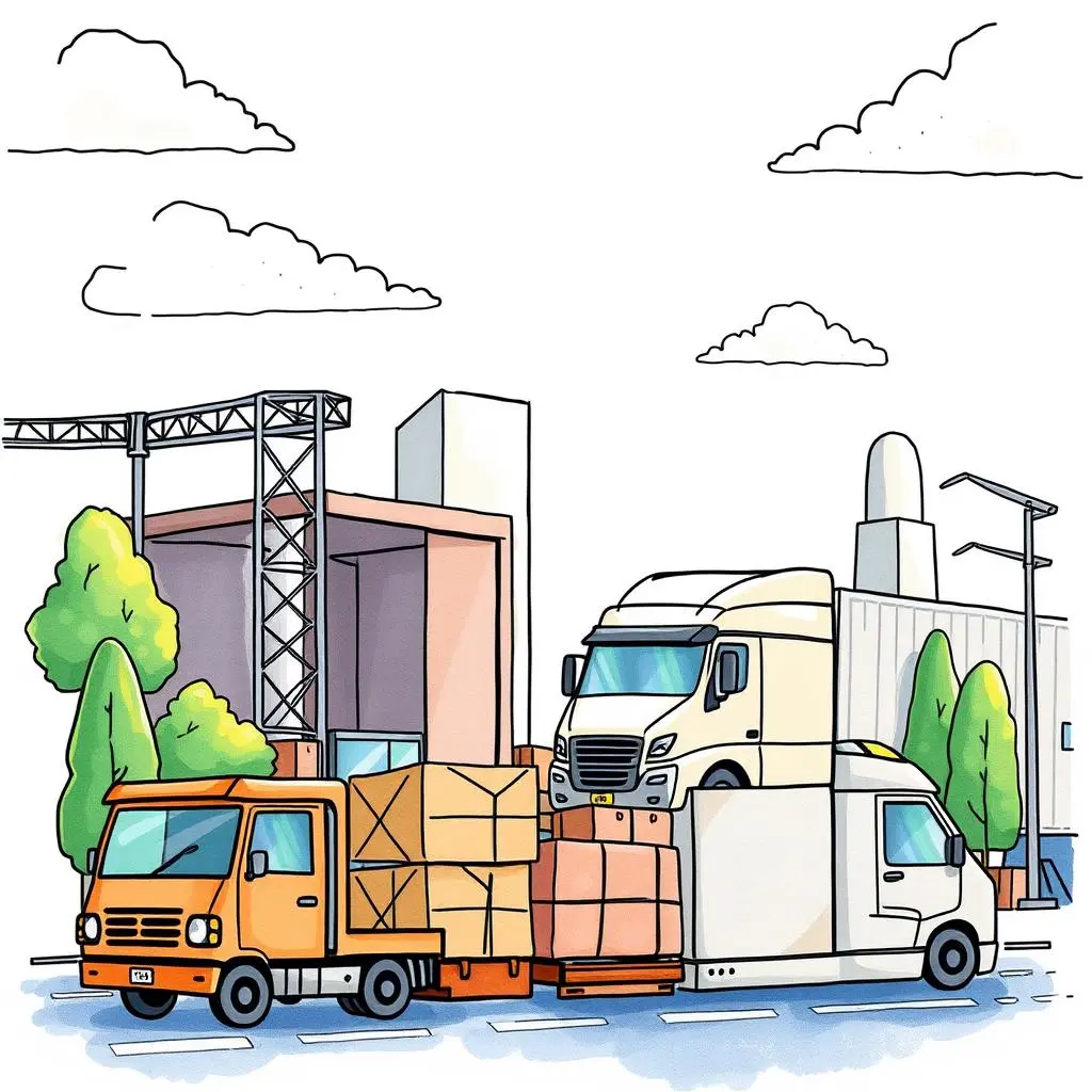 Project update communicator: Effectively share project progress with stakeholders 1 Colorful illustration of trucks and buildings representing supply chain logistics.