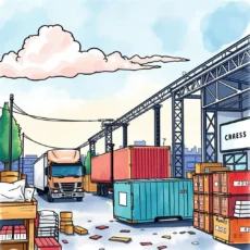 Colorful illustration of a busy logistics hub with shipping containers and trucks.