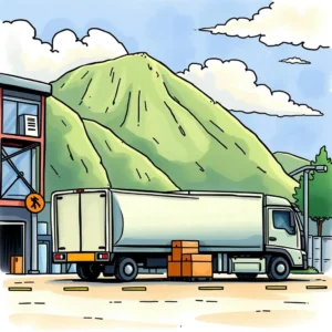 Delivery truck parked near warehouse against mountain backdrop.