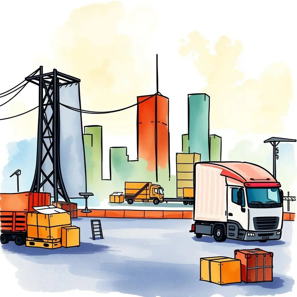 Supply demand summary maker: Summarize supply demand in concise reports 1 A bustling logistics scene featuring colorful trucks and shipping boxes in an urban setting