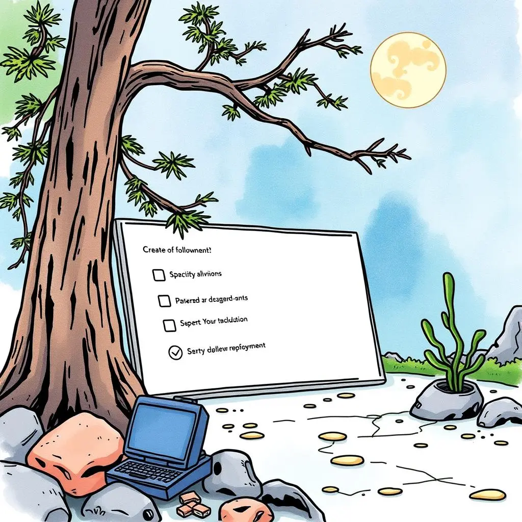 Backup configuration guide: Generate tailored guides for backup configurations 1 A laptop resting on rocks under a tree in a serene environment, with a checklist formed behind it.