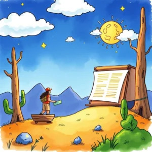 A hiker pauses to review code quality summaries displayed on a large board in a scenic landscape.