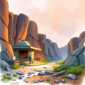 A person approaches a unique building nestled between rocky cliffs in a serene landscape