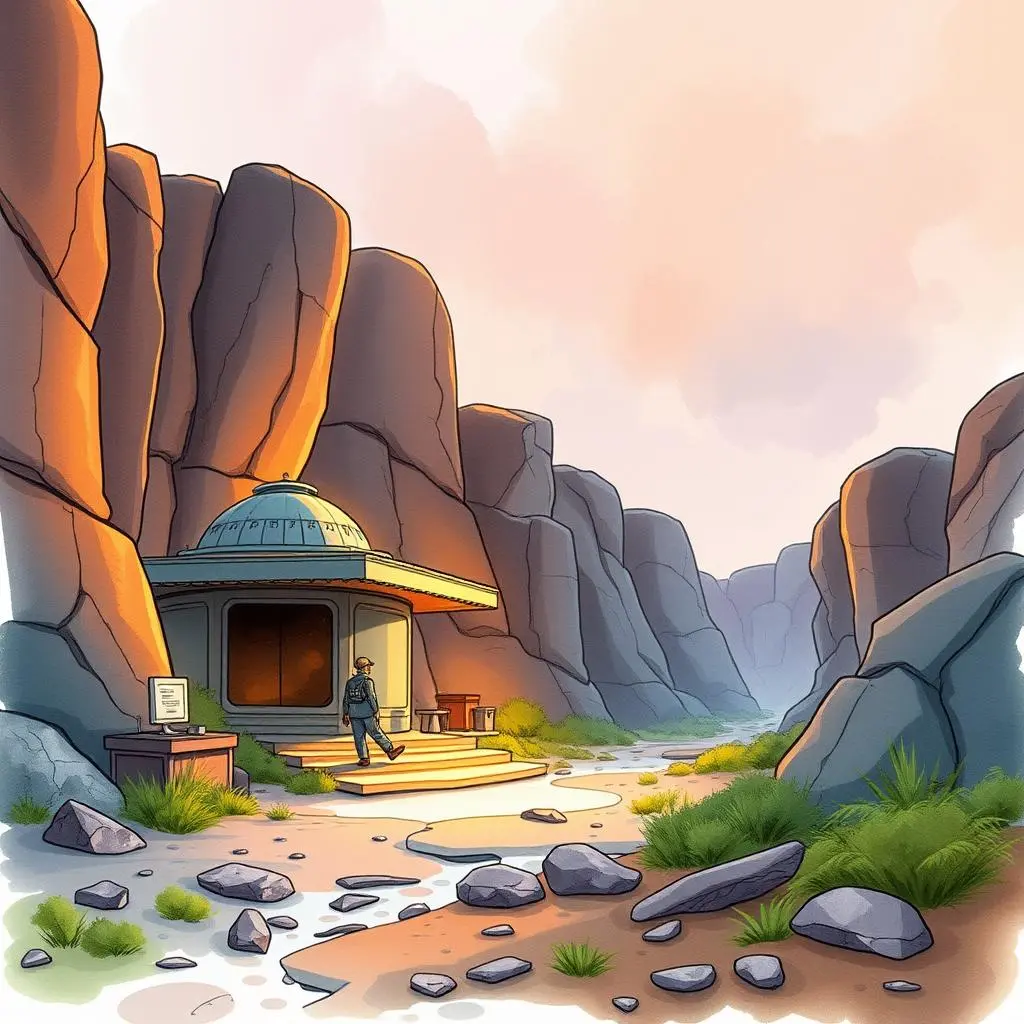 Feedback summary generator: Create concise summaries of feedback responses 1 A person approaches a unique building nestled between rocky cliffs in a serene landscape