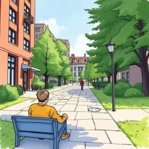 A person sitting on a bench in a park setting, contemplating their path while others walk by.