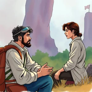 A man and woman engaged in a serious conversation in a natural outdoor setting.