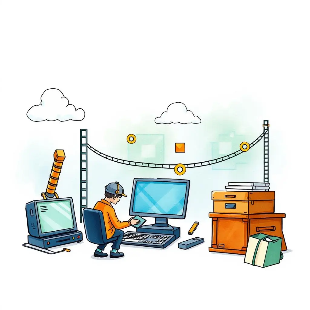 Staging documentation simplifier: Simplify technical documentation for staging processes 1 A person using a computer with technical equipment around them, illustrating IT staging processes.