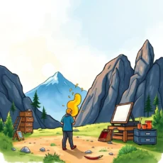 A person using creative tools in a scenic outdoor landscape.