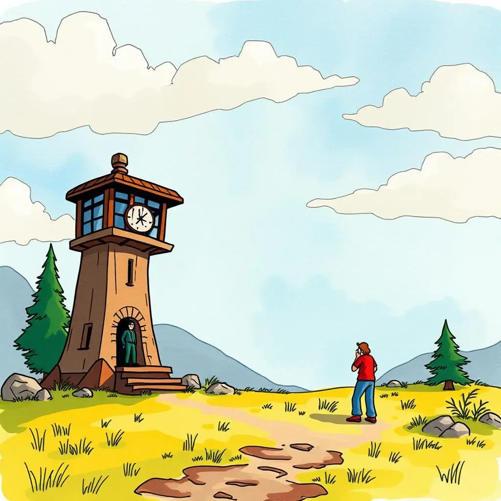 User input insight extractor: Identify key insights from user text 1 A person stands on a path in front of a clock tower in a scenic outdoor setting.