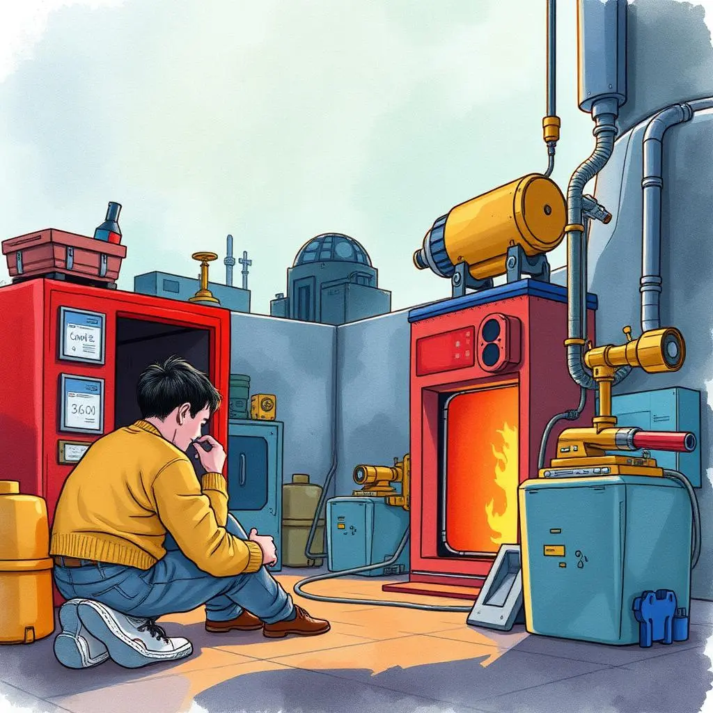 Design decision justifier: Provide rationale for design choices and modifications 1 A mechanical design engineer ponders design decisions in a workshop with equipment and flames.