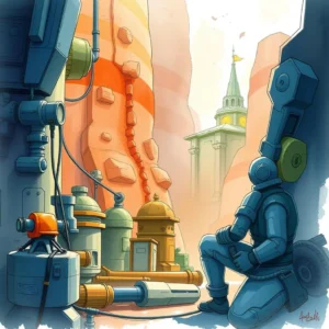 A futuristic engineer analyzing design tools in a vibrant canyon environment.