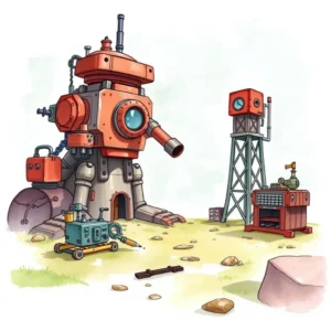 A whimsical illustration of a mechanical workshop featuring a large machine and smaller tools.