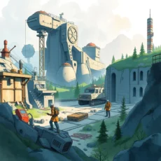 Mechanical engineers developing innovative designs in a futuristic industrial landscape.