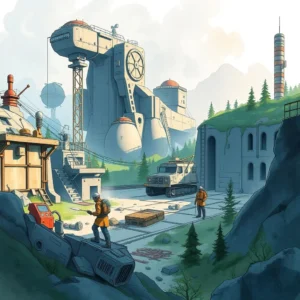 Mechanical engineers developing innovative designs in a futuristic industrial landscape.