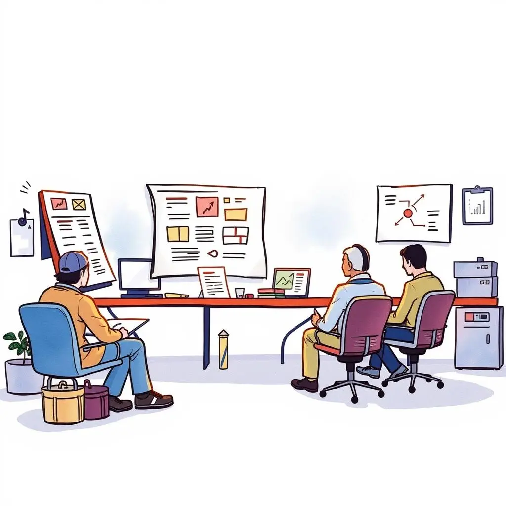 Consensus builder: Generate a summary based on collective input 1 A group of professionals collaboratively discussing designs at a design review meeting