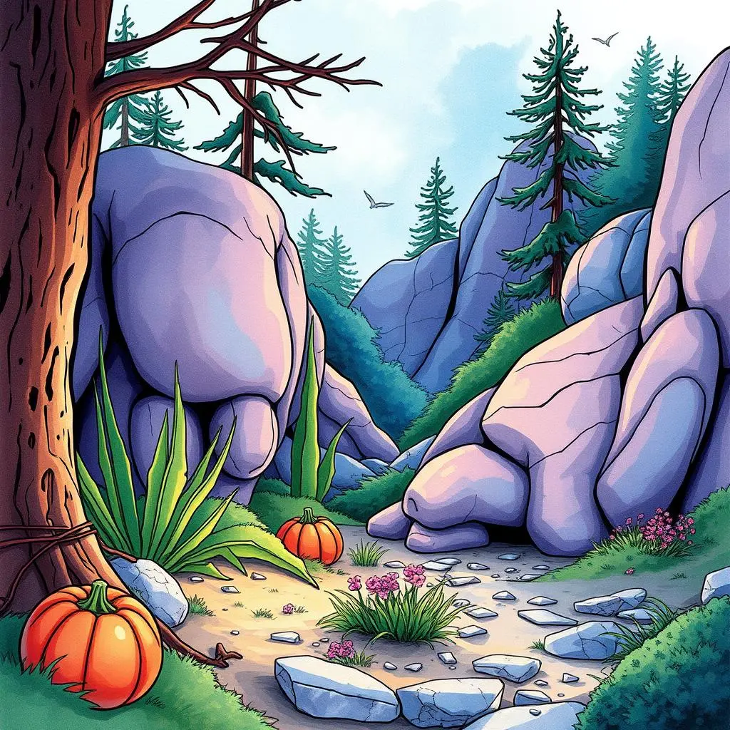 Schedule assistant: Generate timely design review invitations 1 A serene landscape with rocks, trees, and pumpkins, ideal for a design review theme.