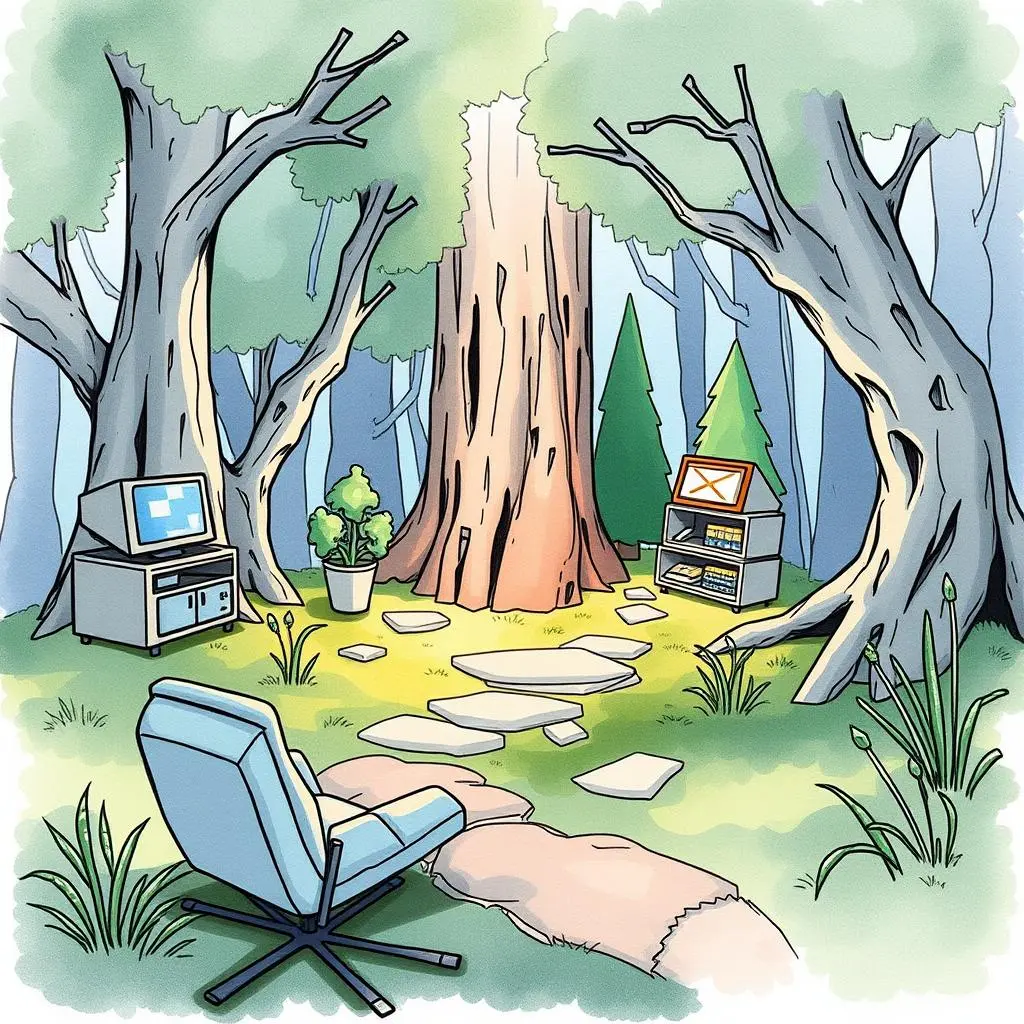 Visual idea synthesizer: Craft concise visual design summaries 1 A serene forest scene featuring a cozy chair, workstations, and a large tree, symbolizing creative design exploration.
