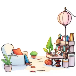 Attribute descriptor tool: Create unique brand attribute descriptions 5 A cozy workspace with a sofa, plants, and bookshelves for creative design tasks.