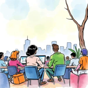 Professionals analyzing data on laptops with a city skyline backdrop.